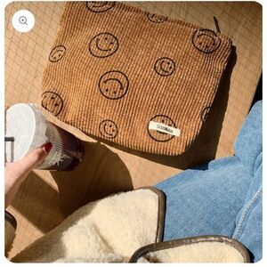 New Boutique Sozakka Tan Corduroy Smile Cosmetic Makeup Toiletry Storage Bag